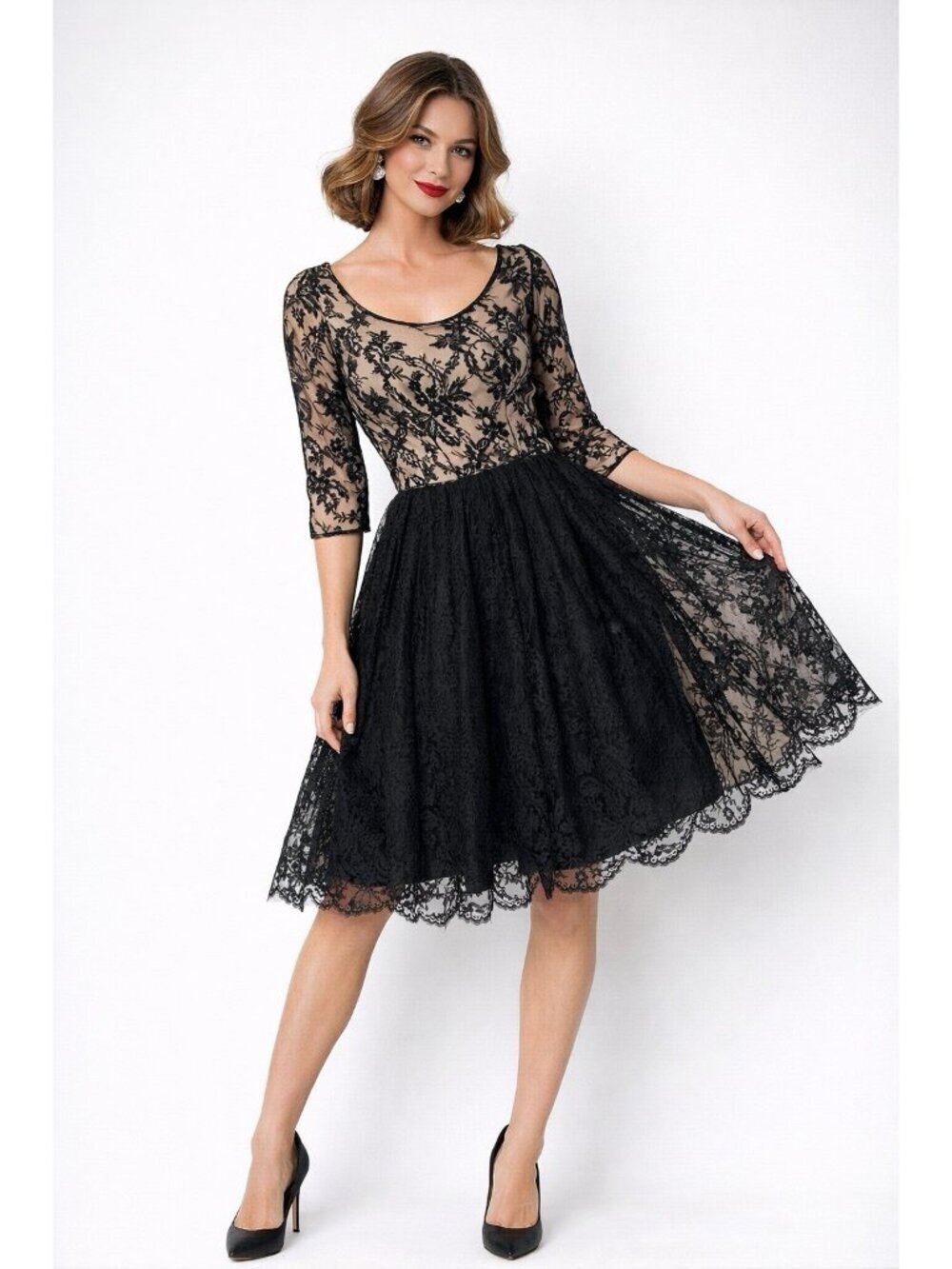 VINTAGE 50S COCKTAIL DRESS XS black lace fit flare party special occasion retro